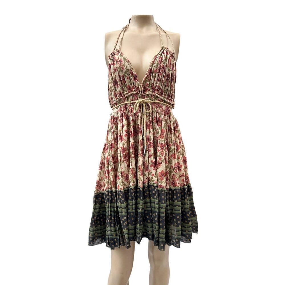 Free People Boho Floral Plunge Halter Neck Swing Sundress Rope Tie Waist Women M